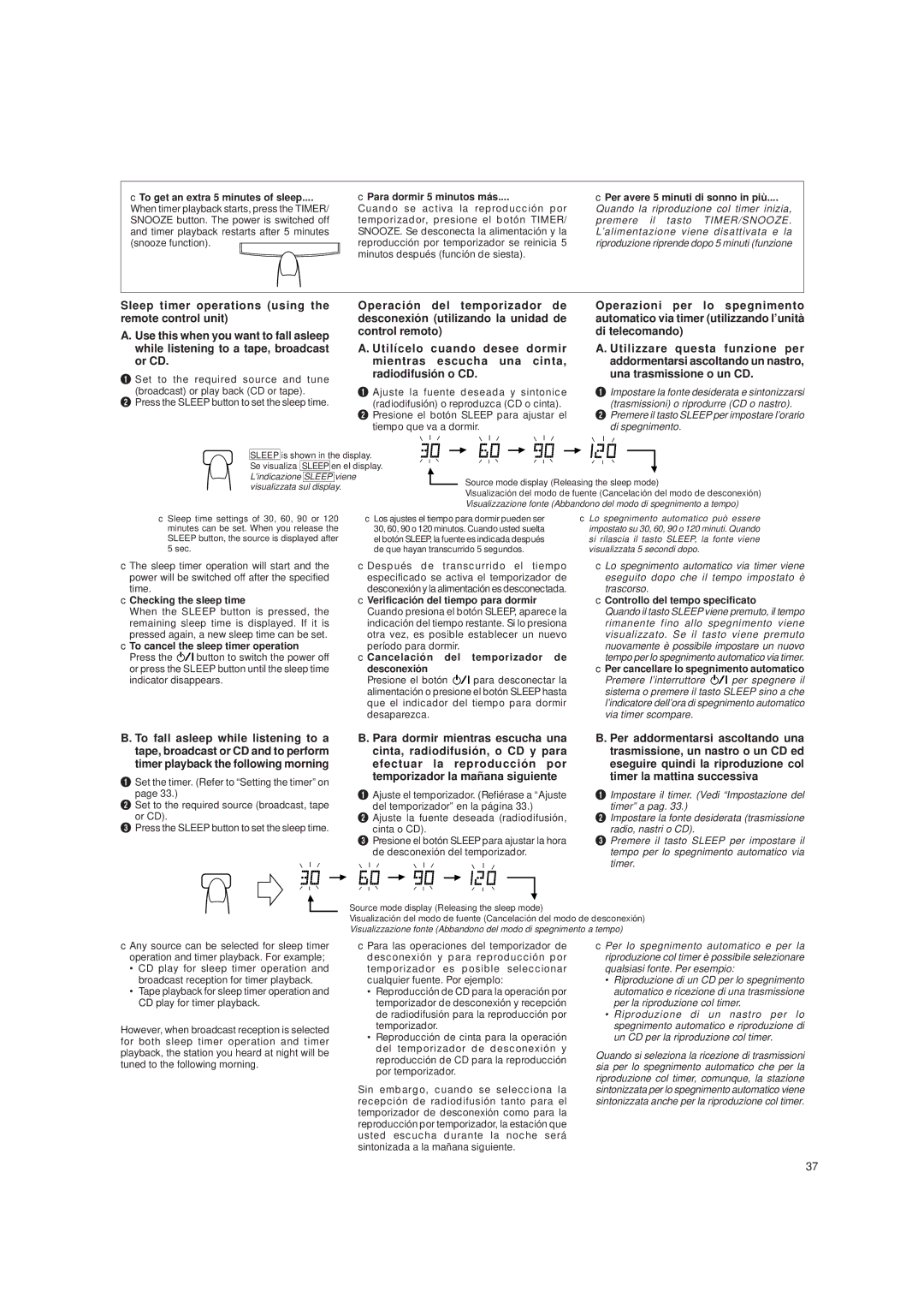 JVC UX-T250R manual To get an extra 5 minutes of sleep, Para dormir 5 minutos más, Per avere 5 minuti di sonno in più 