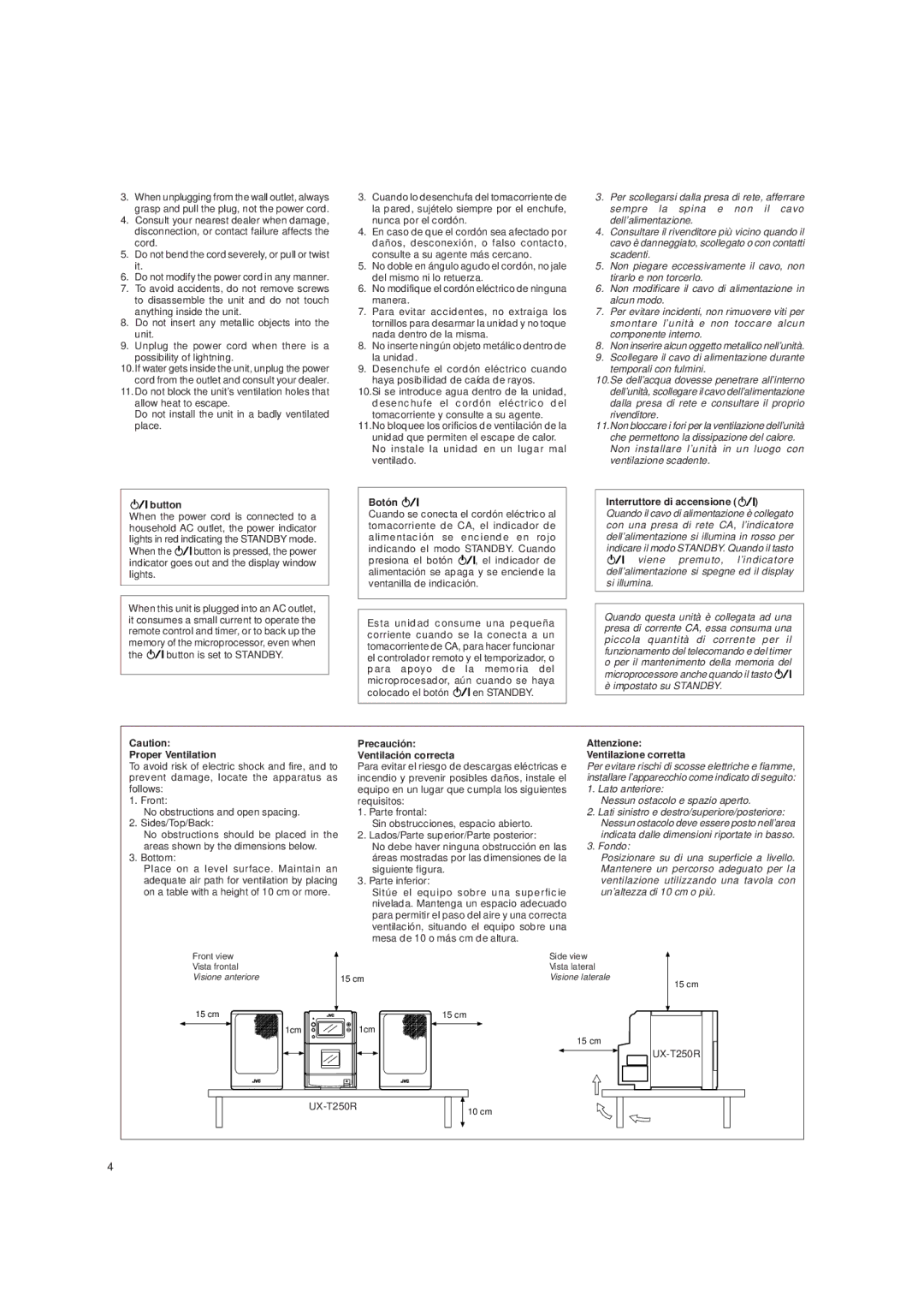 JVC LVT0059-001A Button, Botón, Proper Ventilation, Precaución Ventilación correcta, Attenzione Ventilazione corretta 