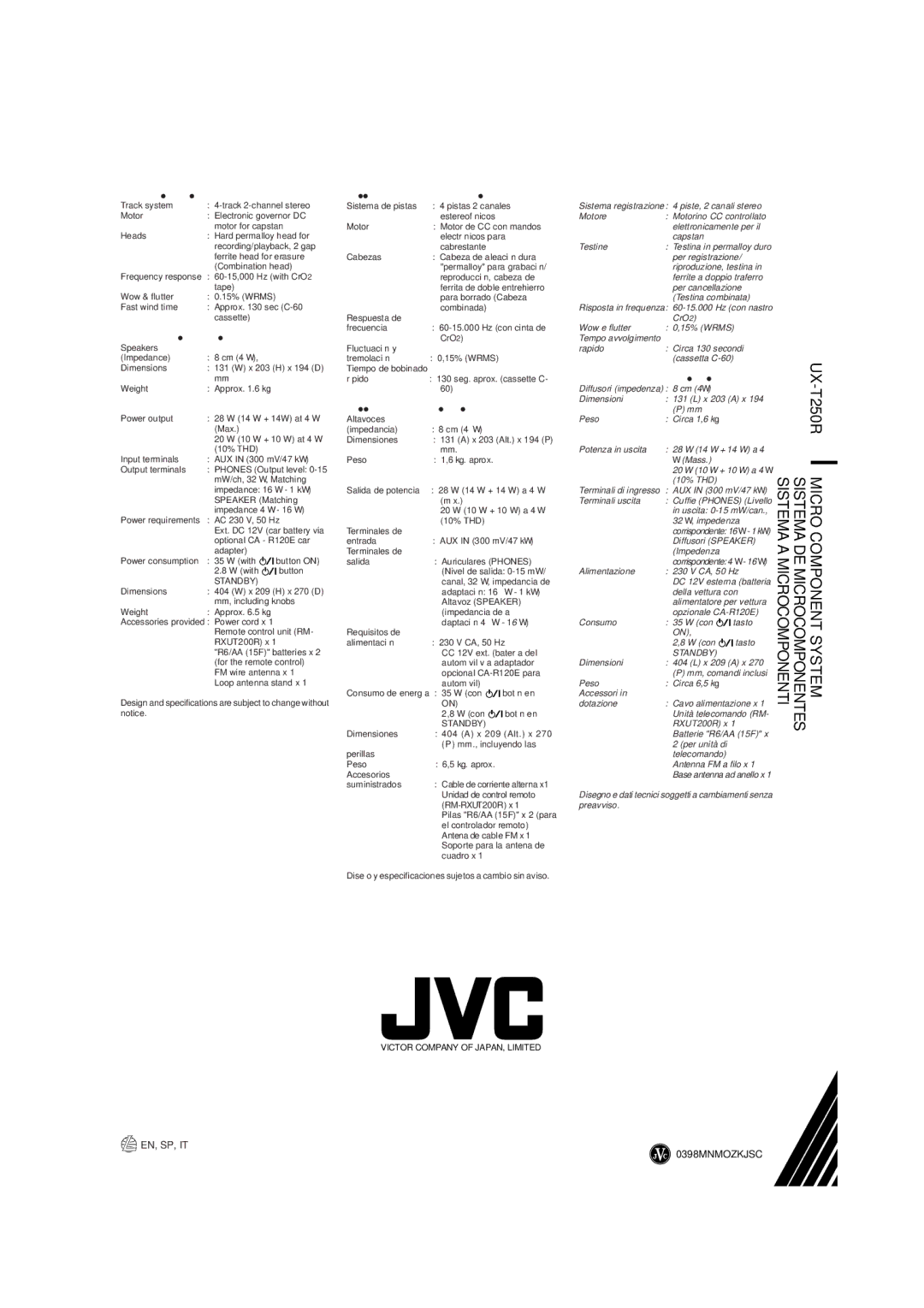 JVC LVT0059-001A manual En, Sp, It, 0398MNMOZKJSC, Potenza in uscita 28 W 14 W + 14 W a Mass, Diffusori Speaker, Impedenza 