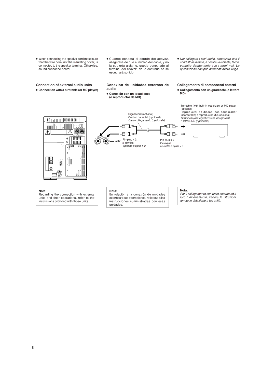 JVC LVT0059-001A, UX-T250R manual Connection of external audio units, Conexión de unidades externas de audio 