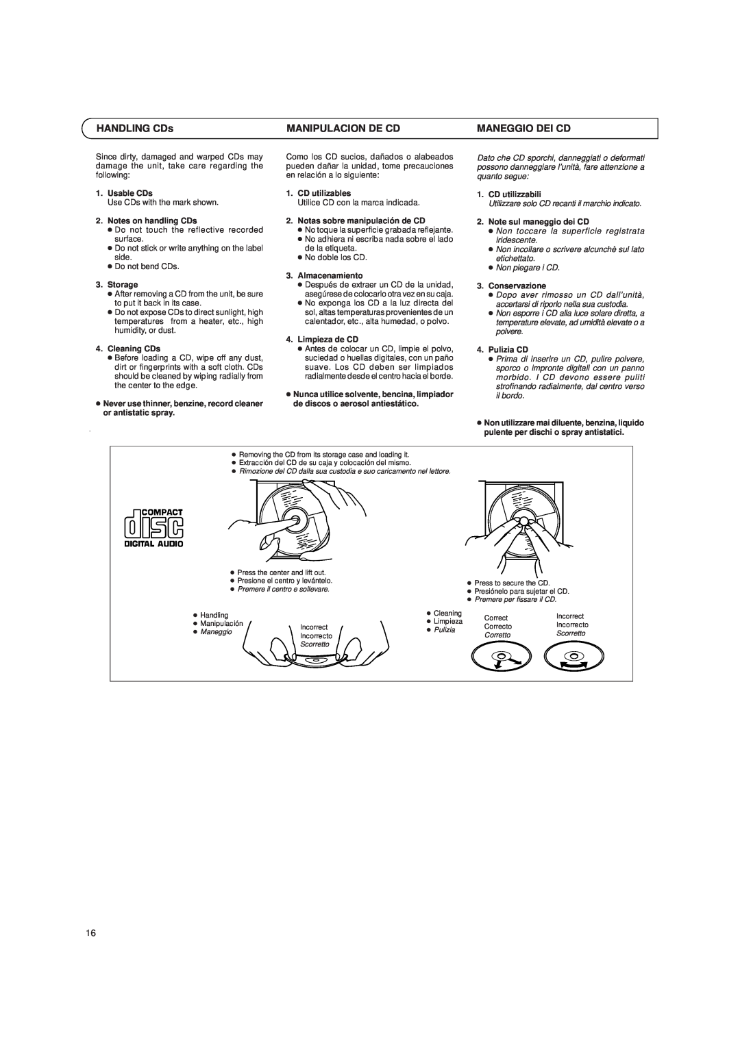 JVC LVT0059-001A, UX-T250R manual HANDLING CDs, Manipulacion De Cd, Maneggio Dei Cd 