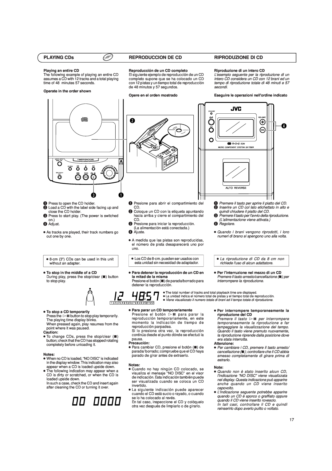 JVC UX-T250R, LVT0059-001A manual PLAYING CDs, Reproduccion De Cd, Riproduzione Di Cd 
