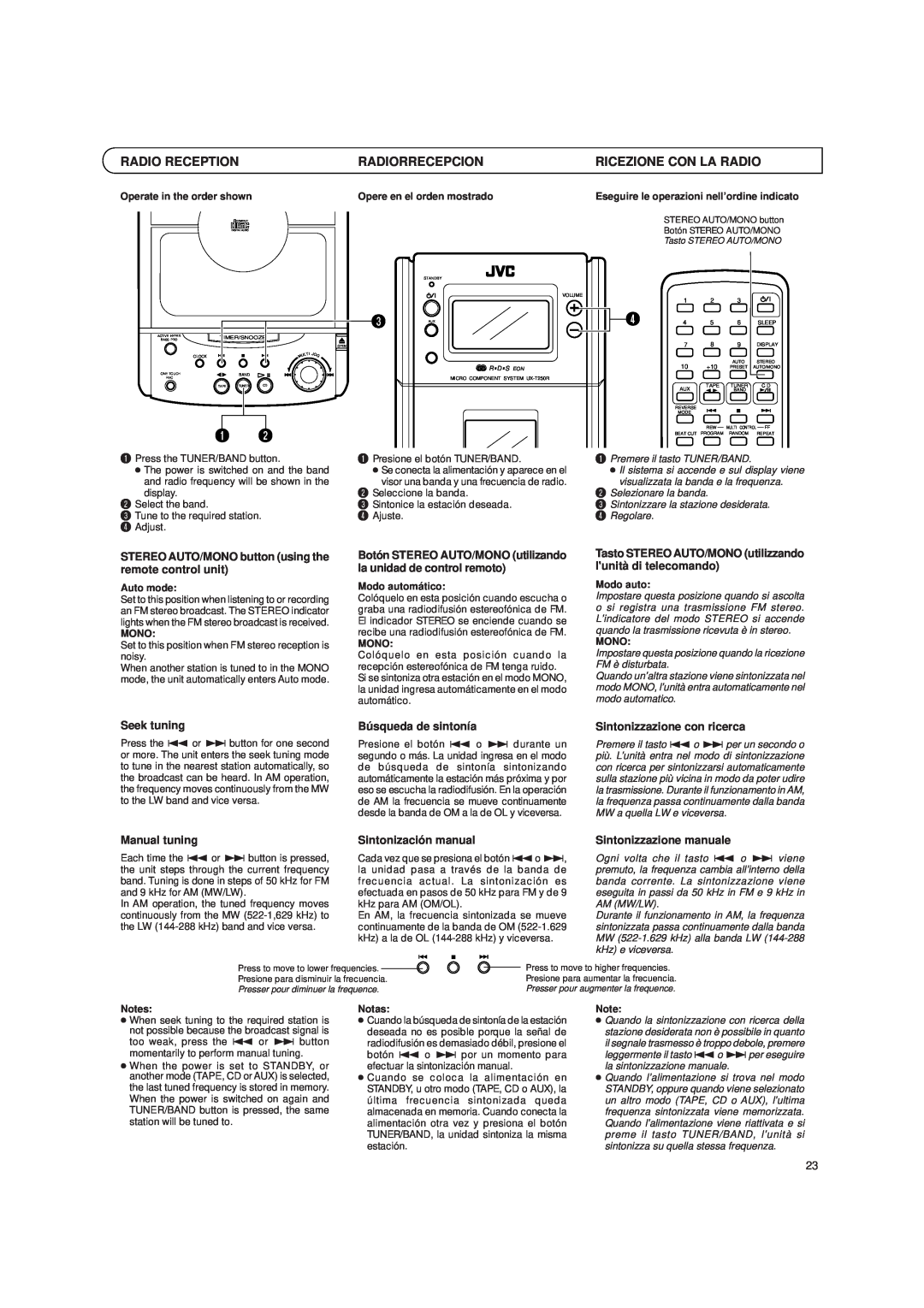 JVC UX-T250R Seek tuning, Búsqueda de sintonía, Sintonizzazione con ricerca, Manual tuning, Sintonización manual 