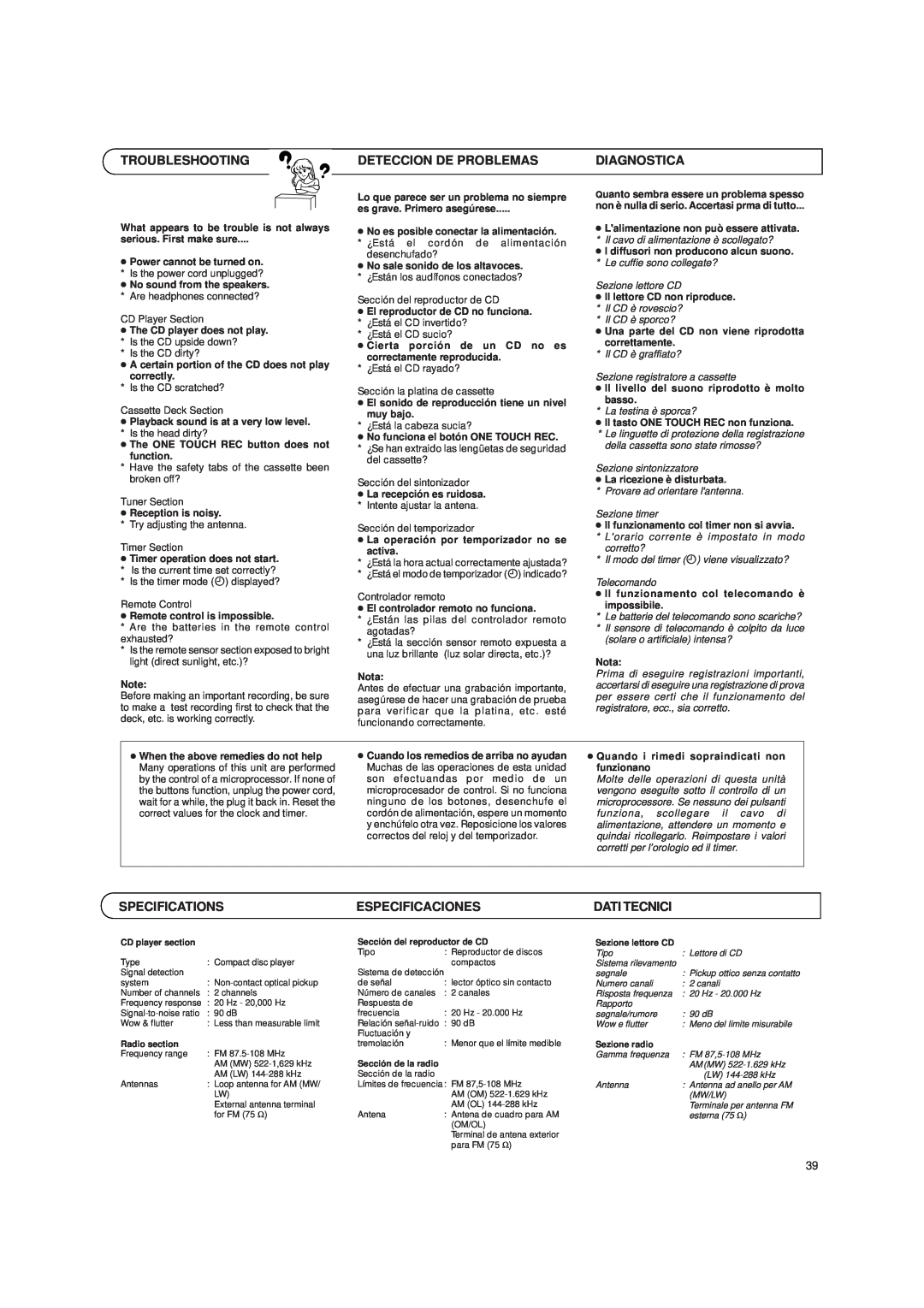 JVC UX-T250R manual Troubleshooting, Deteccion De Problemas, Diagnostica, Specifications, Especificaciones, Dati Tecnici 