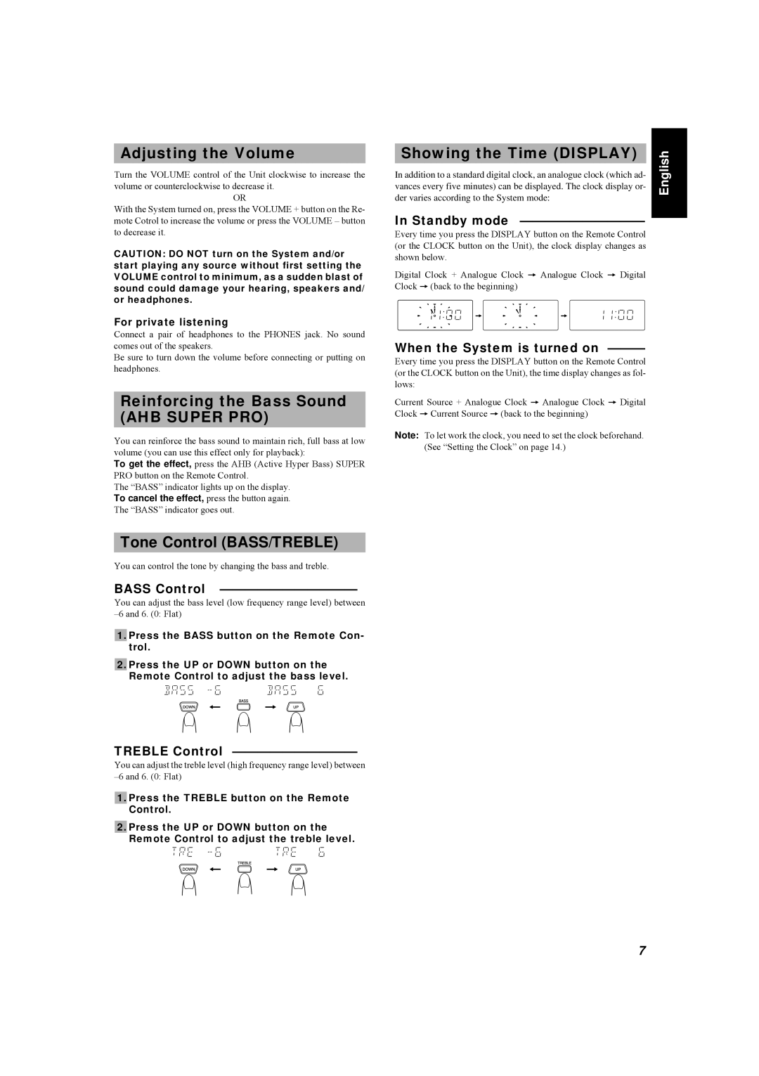 JVC LVT0084-001A manual Adjusting the Volume, Reinforcing the Bass Sound, AHB Super PRO, Tone Control BASS/TREBLE 