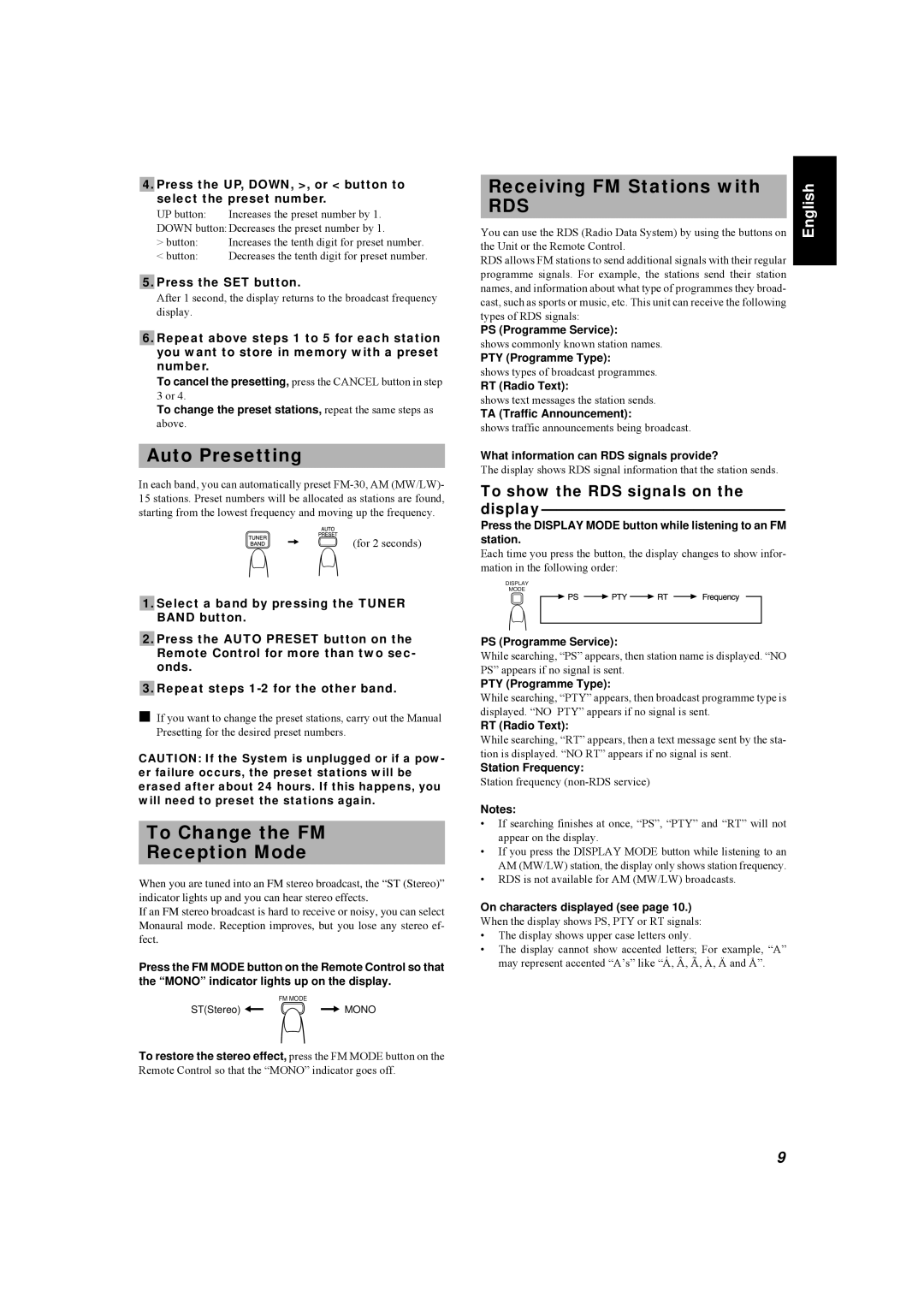 JVC LVT0084-001A manual Auto Presetting, To Change the FM Reception Mode, Receiving FM Stations with, Rds 