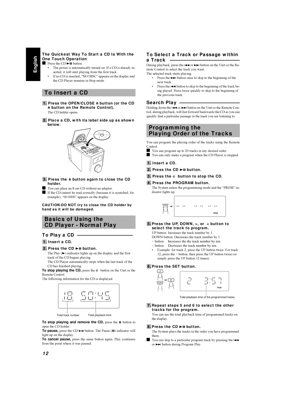 JVC LVT0084-001A manual To Insert a CD, Basics of Using CD Player Normal Play, Programming Playing Order of the Tracks 