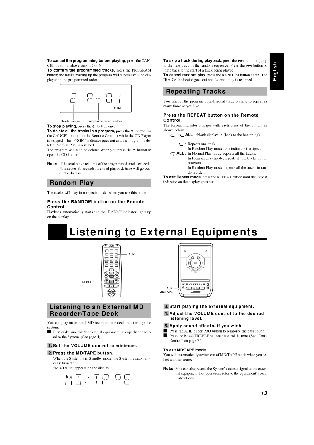 JVC LVT0084-001A manual Listening to External Equipments, Repeating Tracks, Random Play 