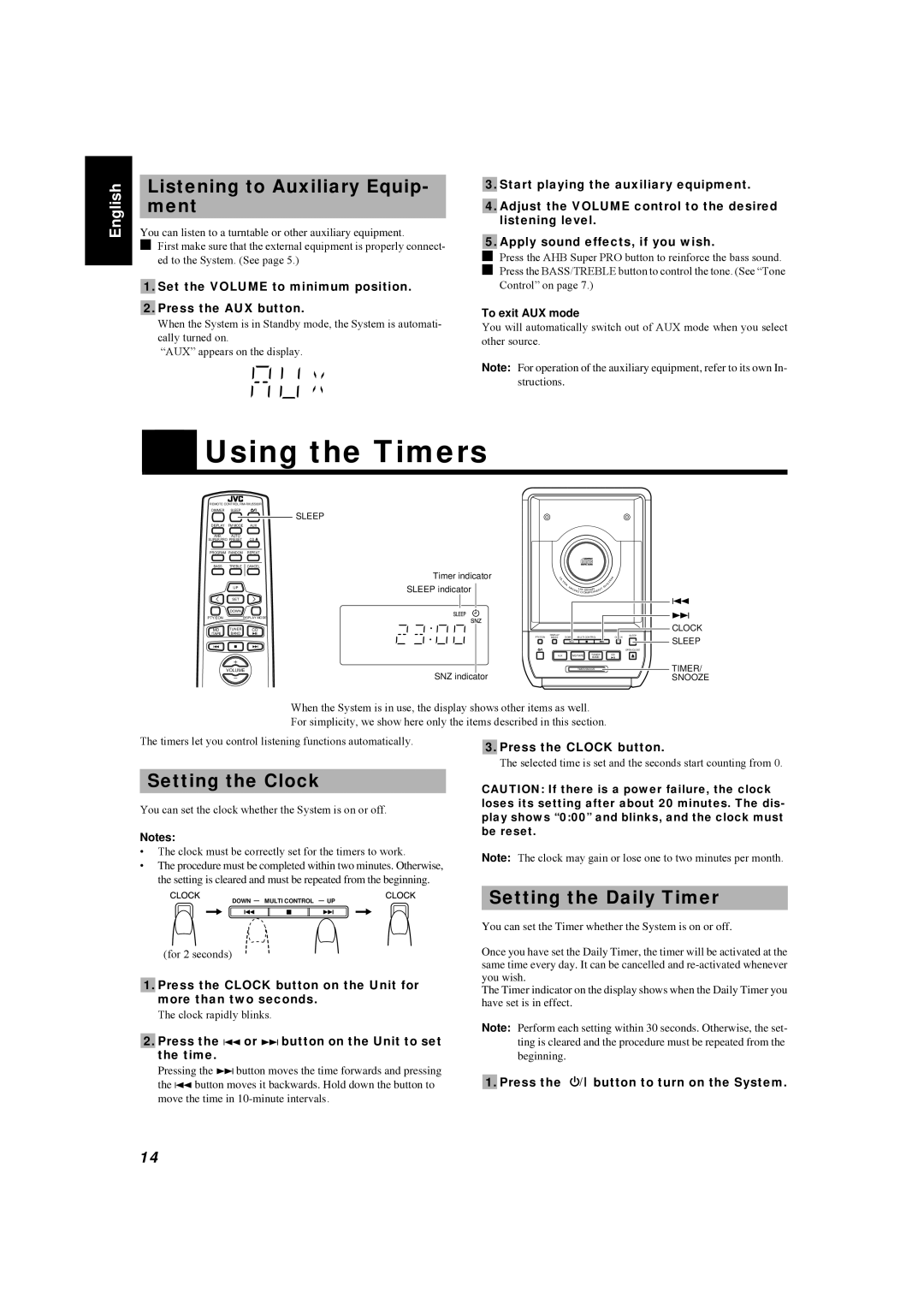 JVC LVT0084-001A manual Using the Timers, Listening to Auxiliary Equip- ment, Setting the Clock, Setting the Daily Timer 