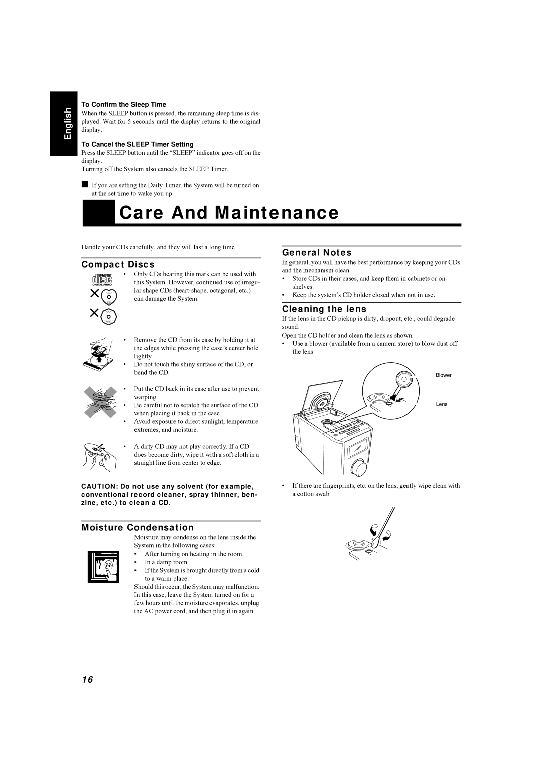 JVC LVT0084-001A manual Care And Maintenance, Compact Discs, Moisture Condensation, General Notes, Cleaning the lens 