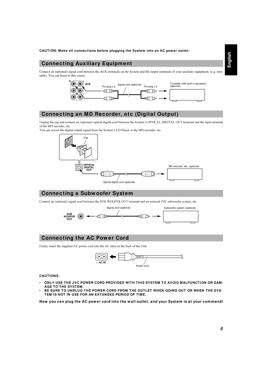 JVC LVT0084-001A manual Connecting Auxiliary Equipment, Connecting an MD Recorder, etc Digital Output 