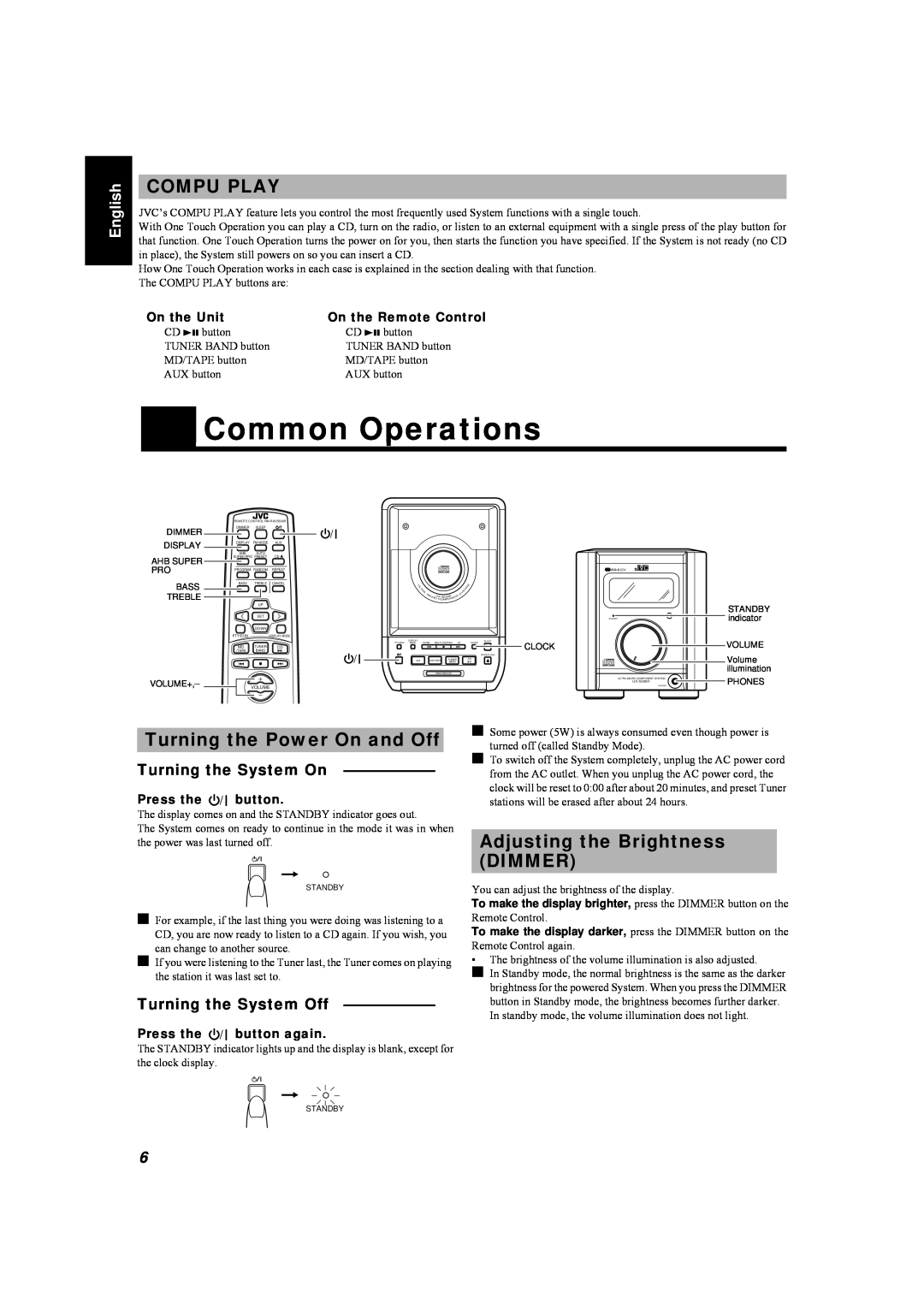 JVC LVT0084-001A Common Operations, Compu Play, Turning the Power On and Off, Adjusting the Brightness DIMMER, English 