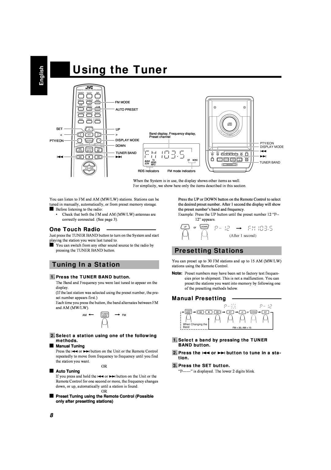 JVC LVT0084-001A Using the Tuner, Tuning In a Station, Presetting Stations, One Touch Radio, Manual Presetting, English 