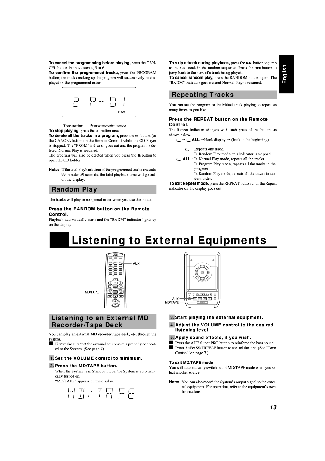 JVC LVT0084-001A manual Listening to External Equipments, Repeating Tracks, Random Play, English 