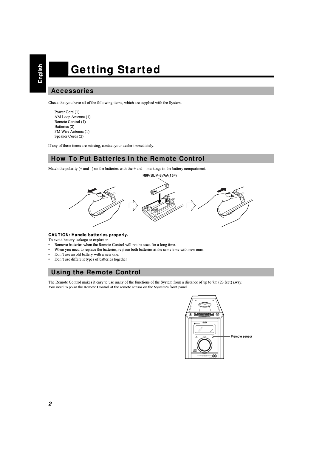JVC LVT0084-001A manual Getting Started, Accessories, How To Put Batteries In the Remote Control, Using the Remote Control 