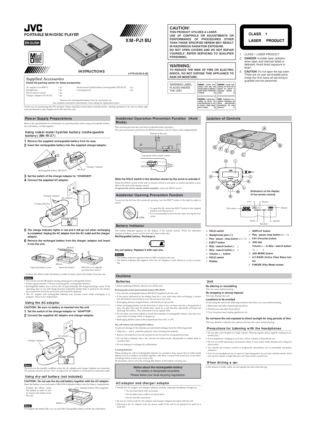 JVC LVT0122-001A specifications Power Supply Preparations, Accidental Operation Prevention Function Hold Mode 