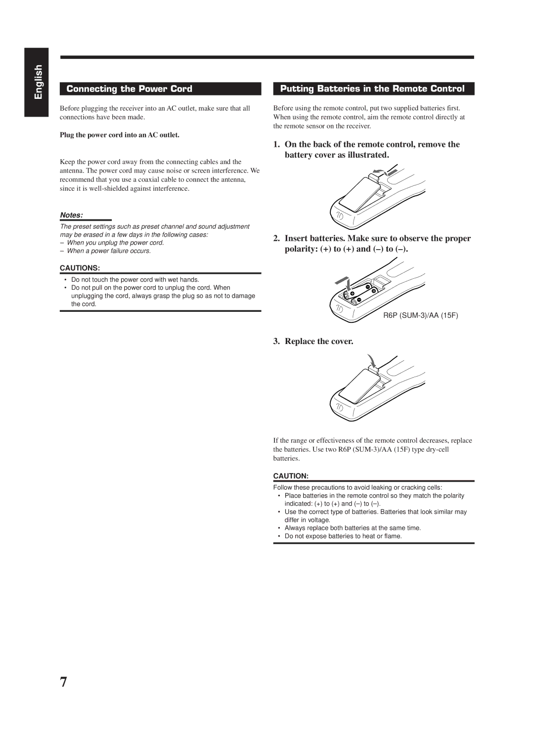 JVC RX-669PGD, LVT0142-006A manual Connecting the Power Cord, Putting Batteries in the Remote Control, Replace the cover 