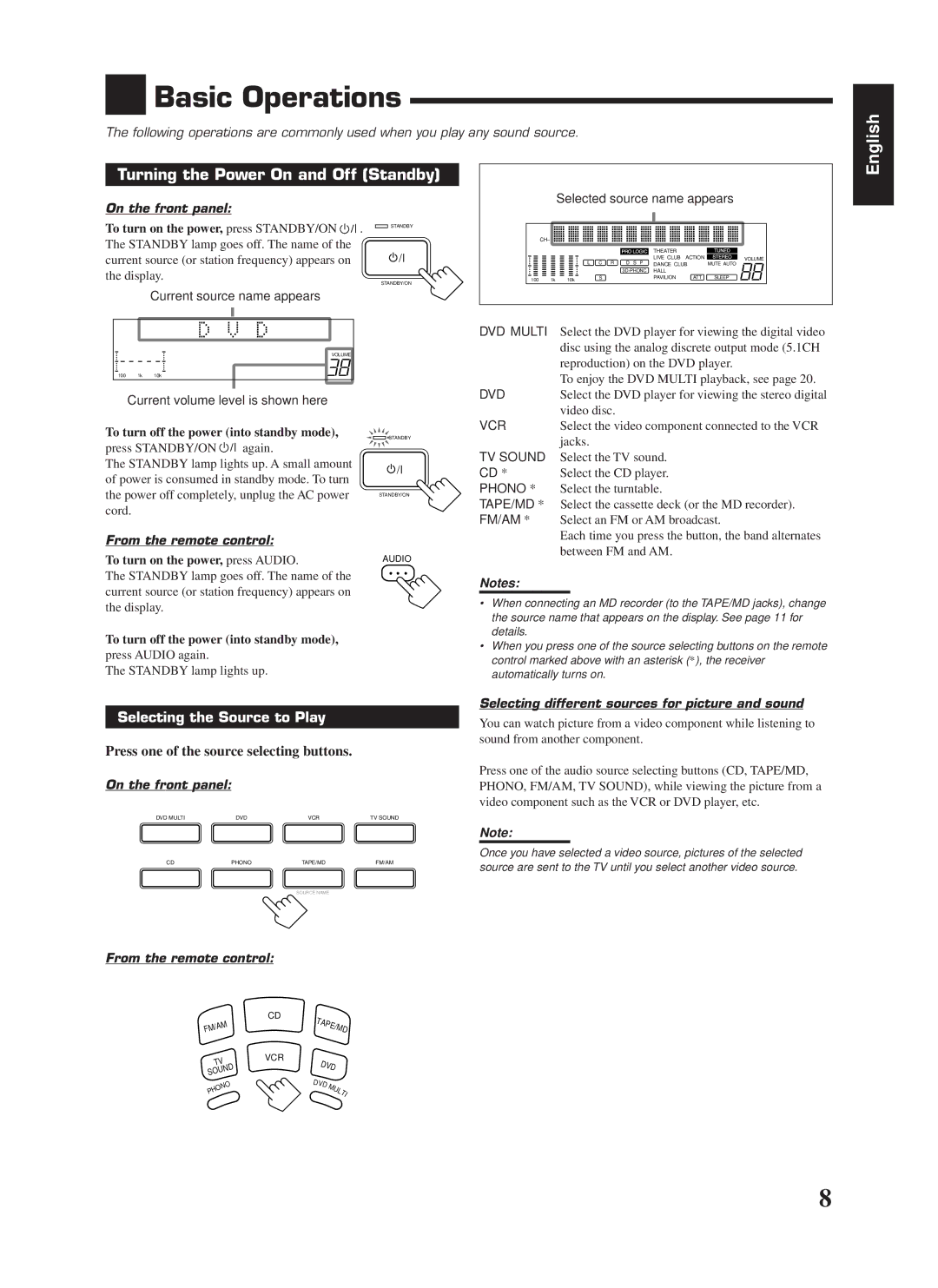 JVC RX-669PGD manual Basic Operations, Turning the Power On and Off Standby, On the front panel, From the remote control 