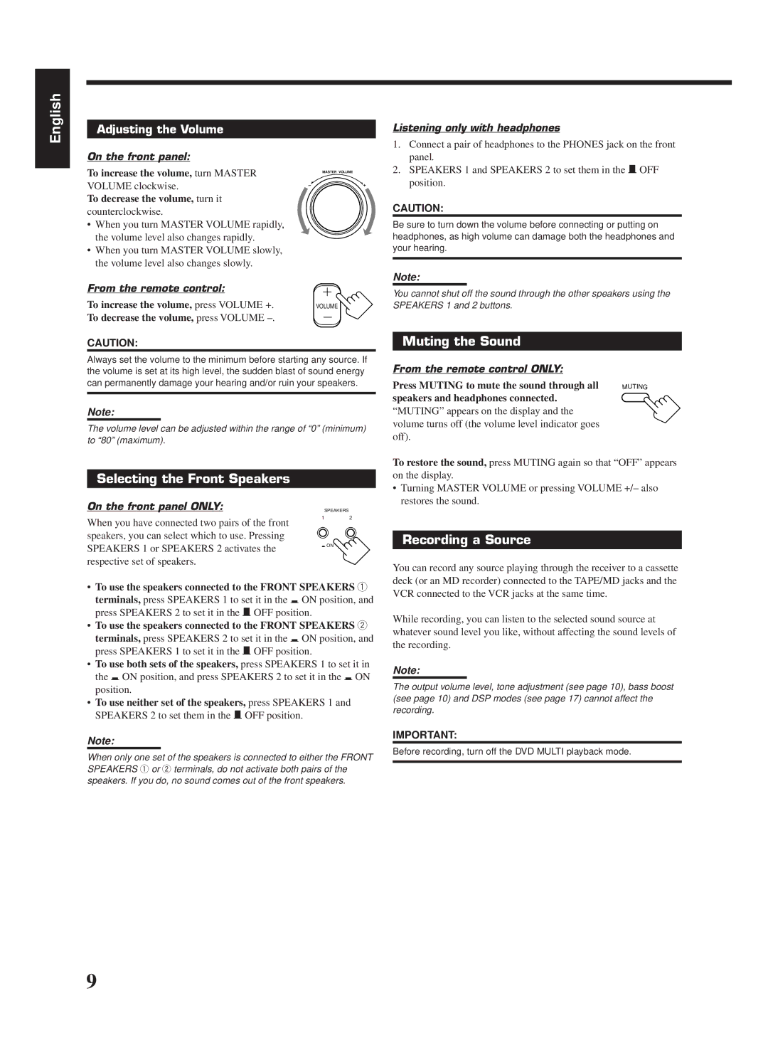 JVC LVT0142-006A, RX-669PGD manual Selecting the Front Speakers, Muting the Sound, Recording a Source 