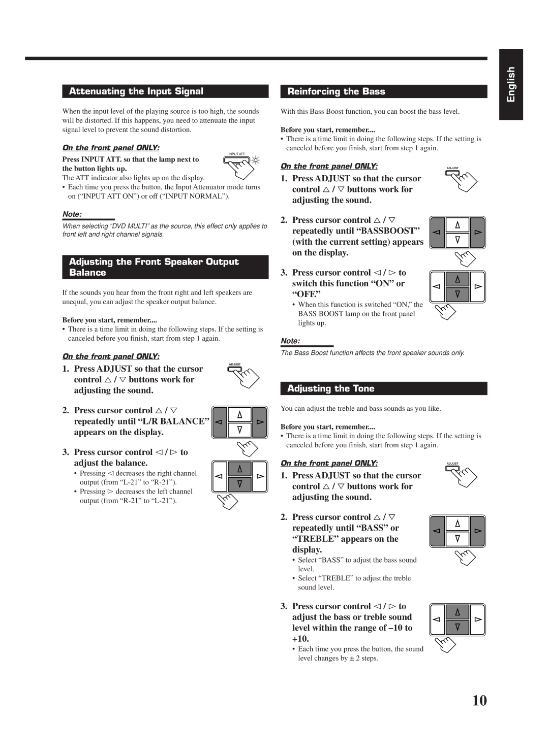 JVC RX-669PGD, LVT0142-006A Attenuating the Input Signal, Adjusting the Front Speaker Output Balance, Reinforcing the Bass 