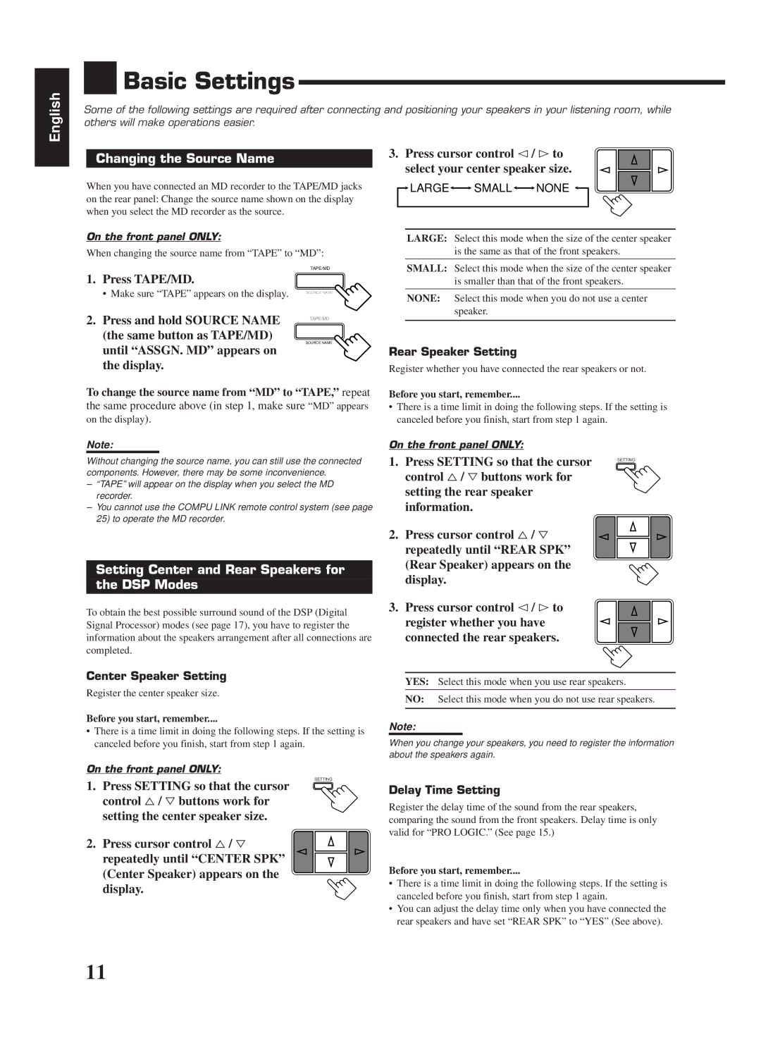 JVC RX-669P manual Basic Settings, Changing the Source Name, Press TAPE/MD, Setting Center and Rear Speakers for DSP Modes 