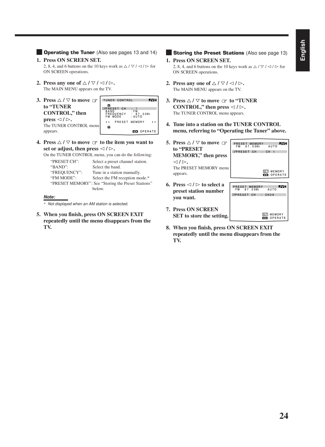 JVC LVT0142-006A Press %/ Þto move To Tuner CONTROL, then Press @/ #, Press %/ Þto move To Preset MEMORY, then press @/ # 