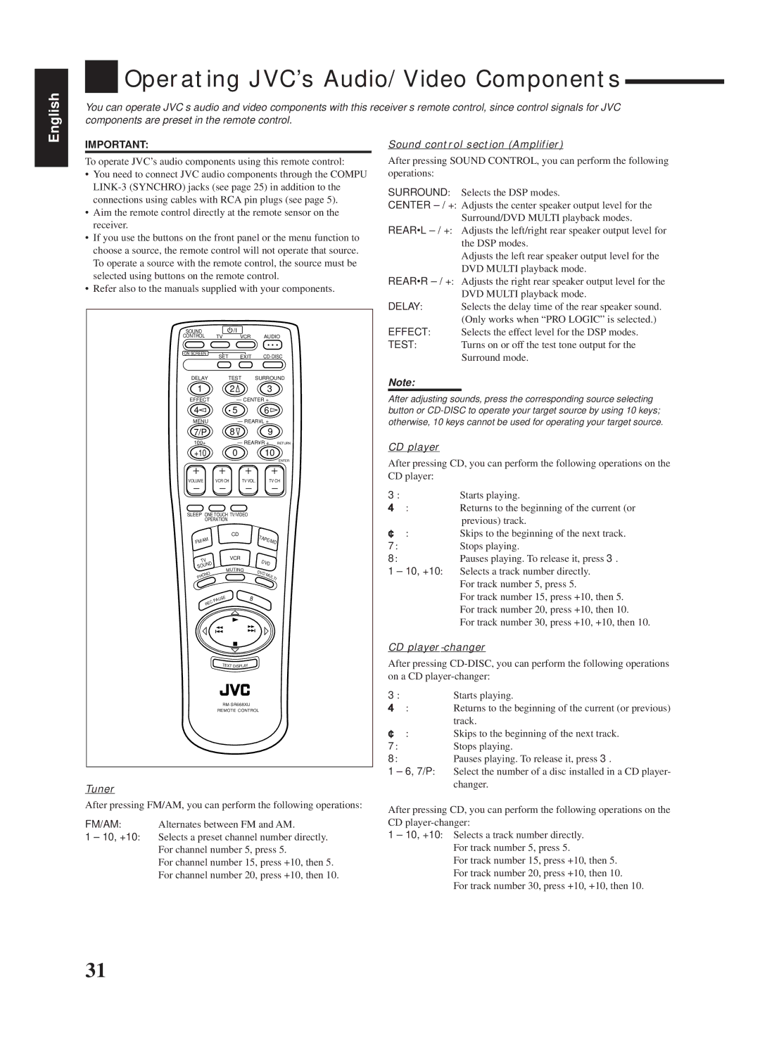 JVC RX-669PGD manual Operating JVC’s Audio/Video Components, Tuner, Sound control section Amplifier, CD player-changer 