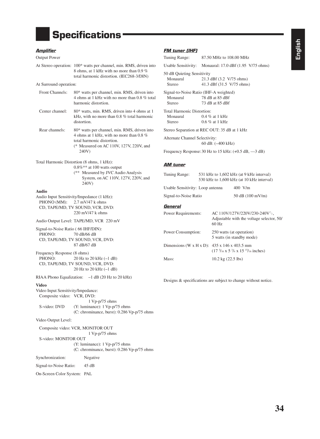 JVC RX-669PGD, LVT0142-006A manual Specifications, Amplifier, FM tuner IHF, AM tuner, General 