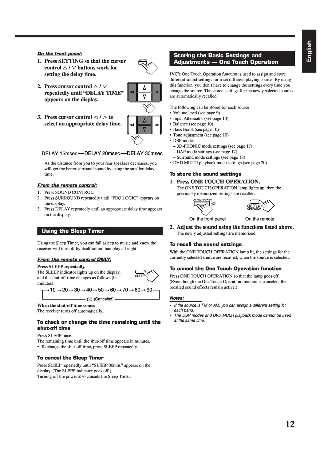 JVC LVT0142-006A, RX-669PGD manual English, Using the Sleep Timer, To cancel the Sleep Timer, To store the sound settings 