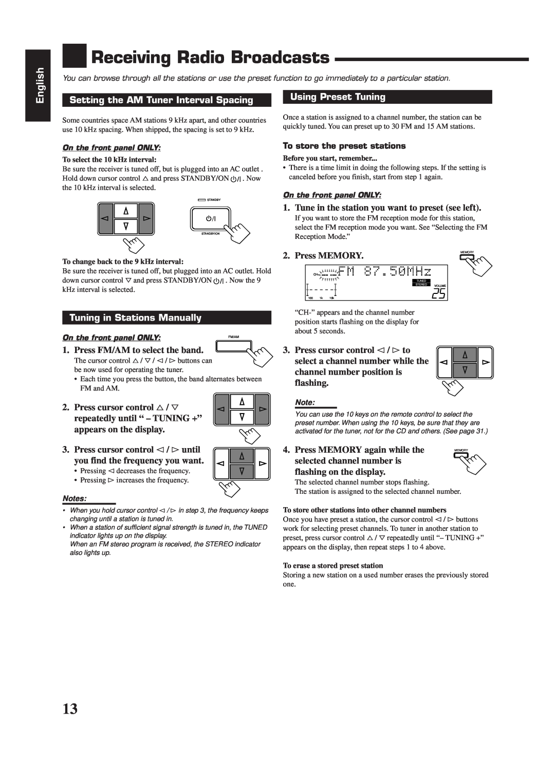 JVC RX-669PGD manual Receiving Radio Broadcasts, English, Setting the AM Tuner Interval Spacing, Using Preset Tuning 