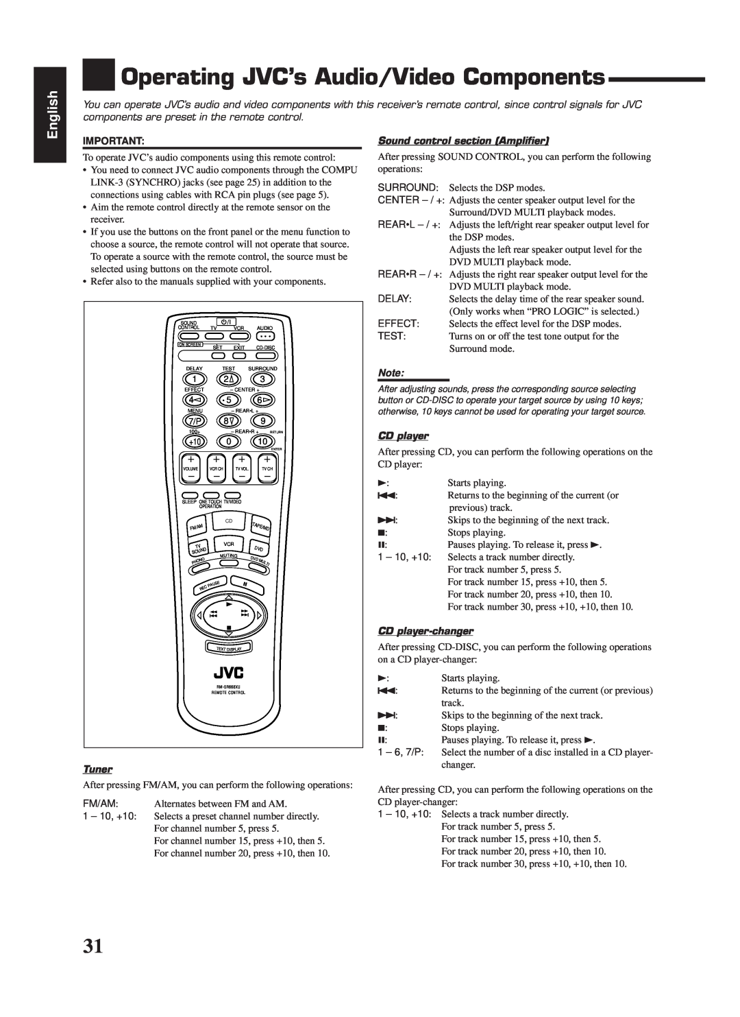 JVC RX-669PGD manual Operating JVC’s Audio/Video Components, English, Tuner, Sound control section Amplifier, CD player 