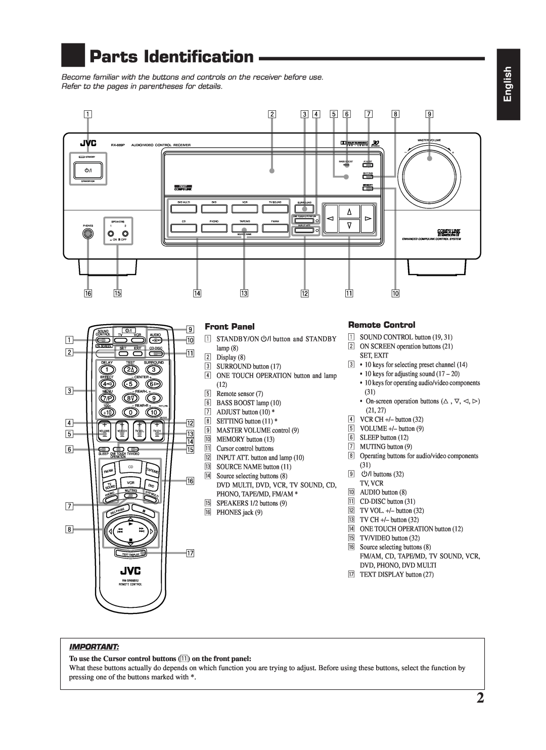 JVC LVT0142-006A, RX-669PGD manual Parts Identification, English, Front Panel, Remote Control 