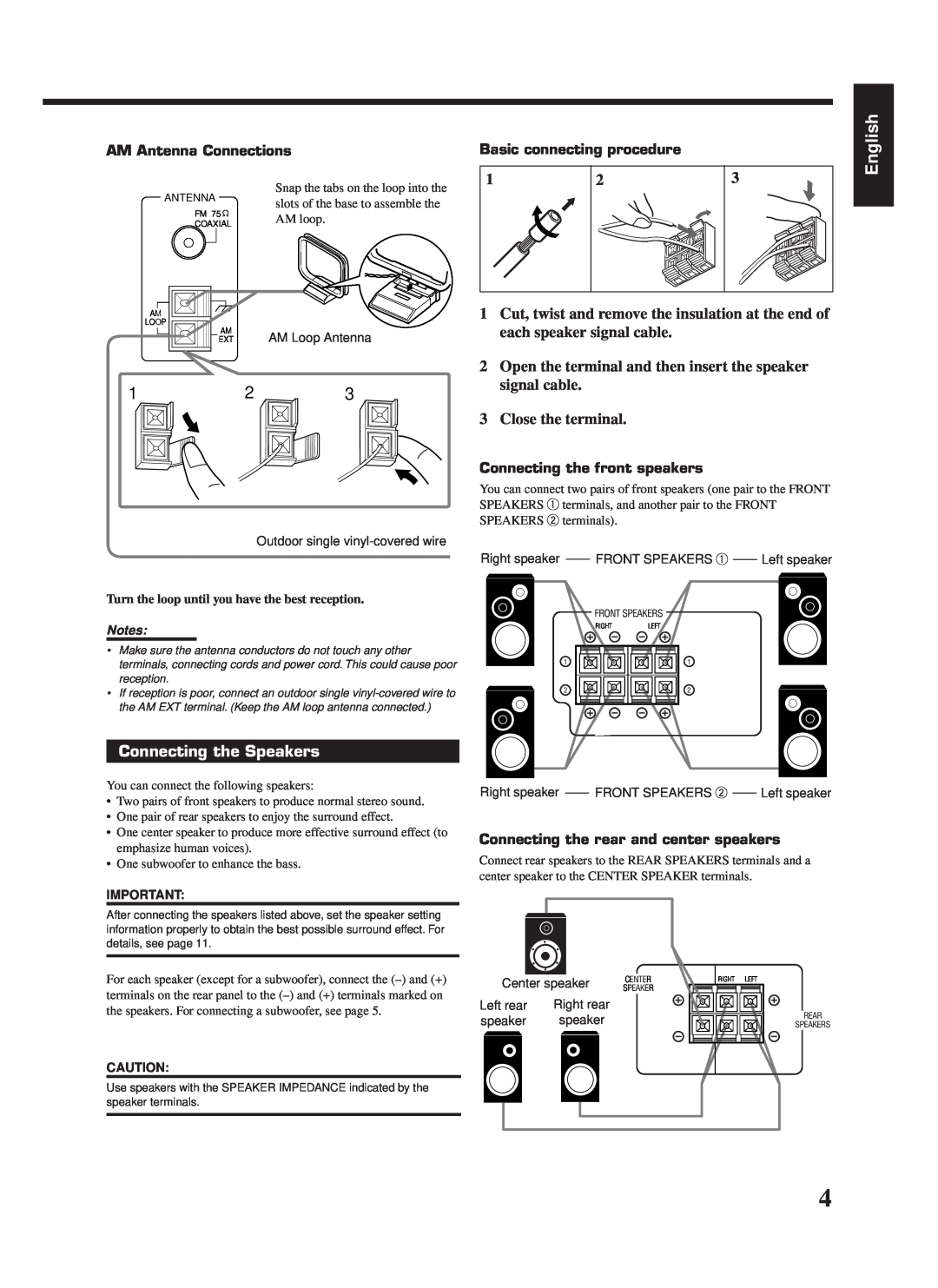 JVC RX-669PGD, LVT0142-006A manual English, Connecting the Speakers, AM Antenna Connections, Basic connecting procedure 