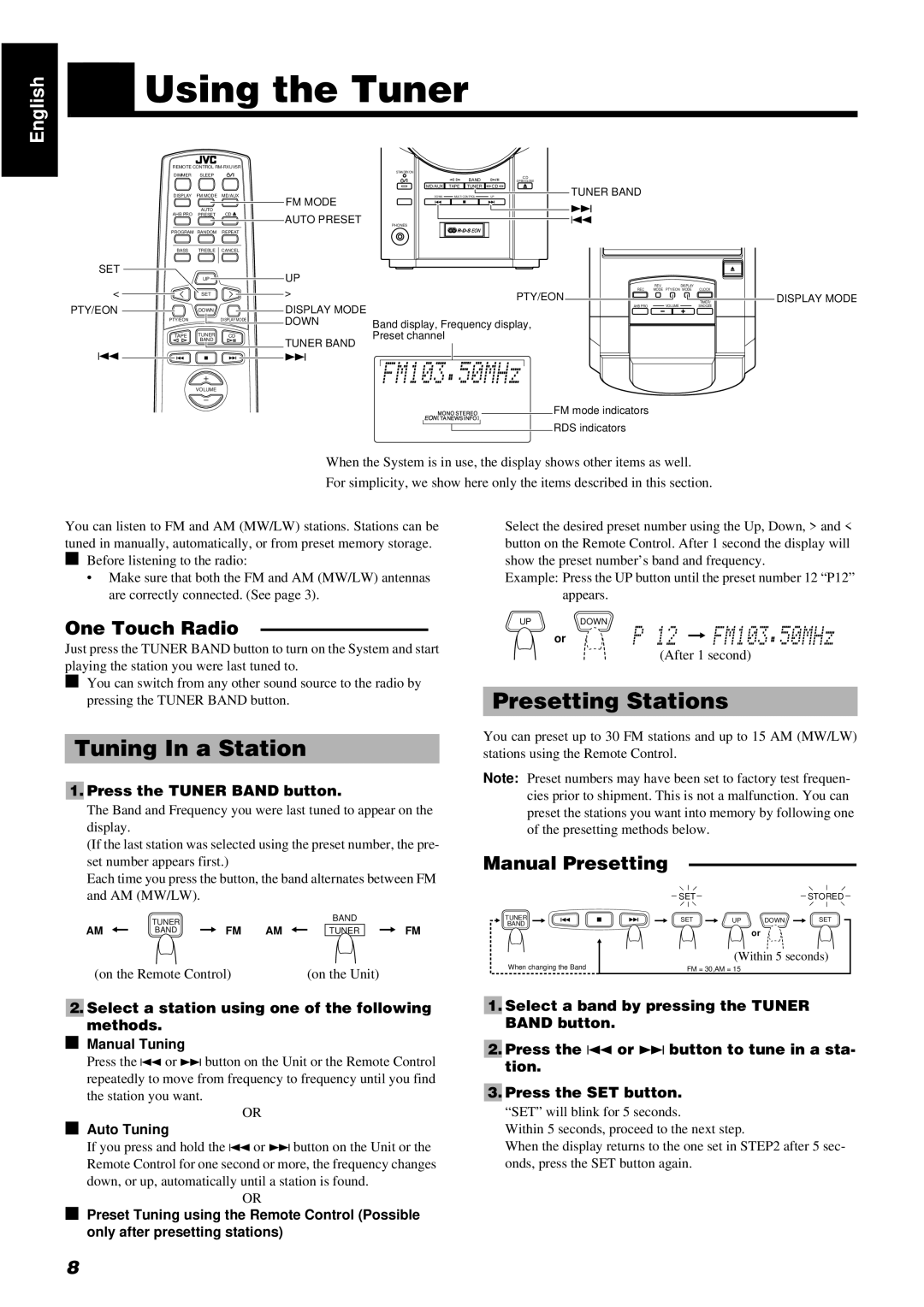 JVC LVT0211-001A, RM-RXUV5R Using the Tuner, Tuning In a Station, Presetting Stations, One Touch Radio, Manual Presetting 