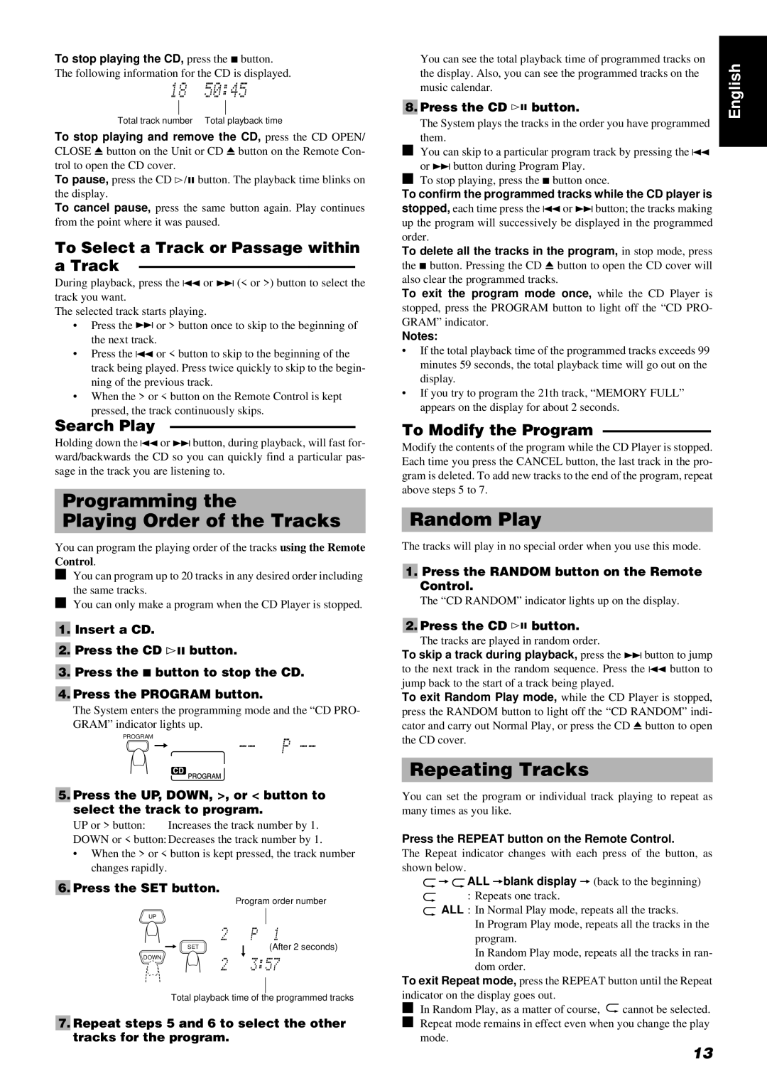 JVC UX-V5R, LVT0211-001A, RM-RXUV5R manual Programming Playing Order of the Tracks, Random Play, Repeating Tracks 