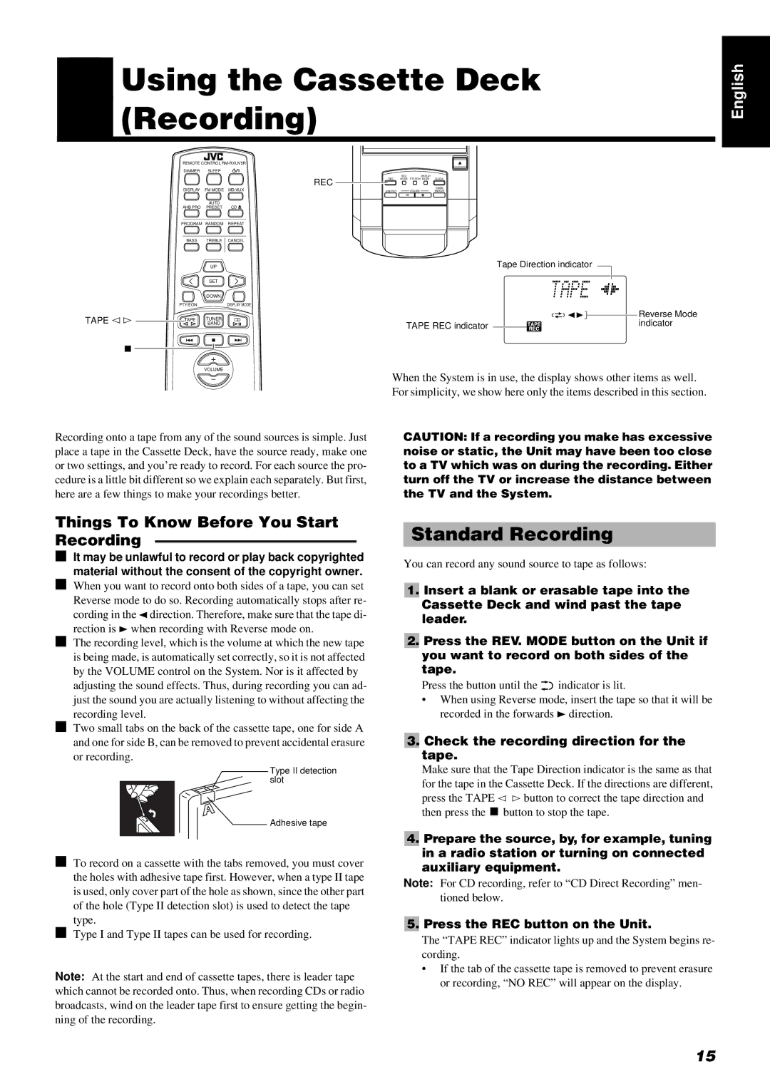 JVC RM-RXUV5R, UX-V5R Using the Cassette Deck Recording, Standard Recording, Things To Know Before You Start Recording 