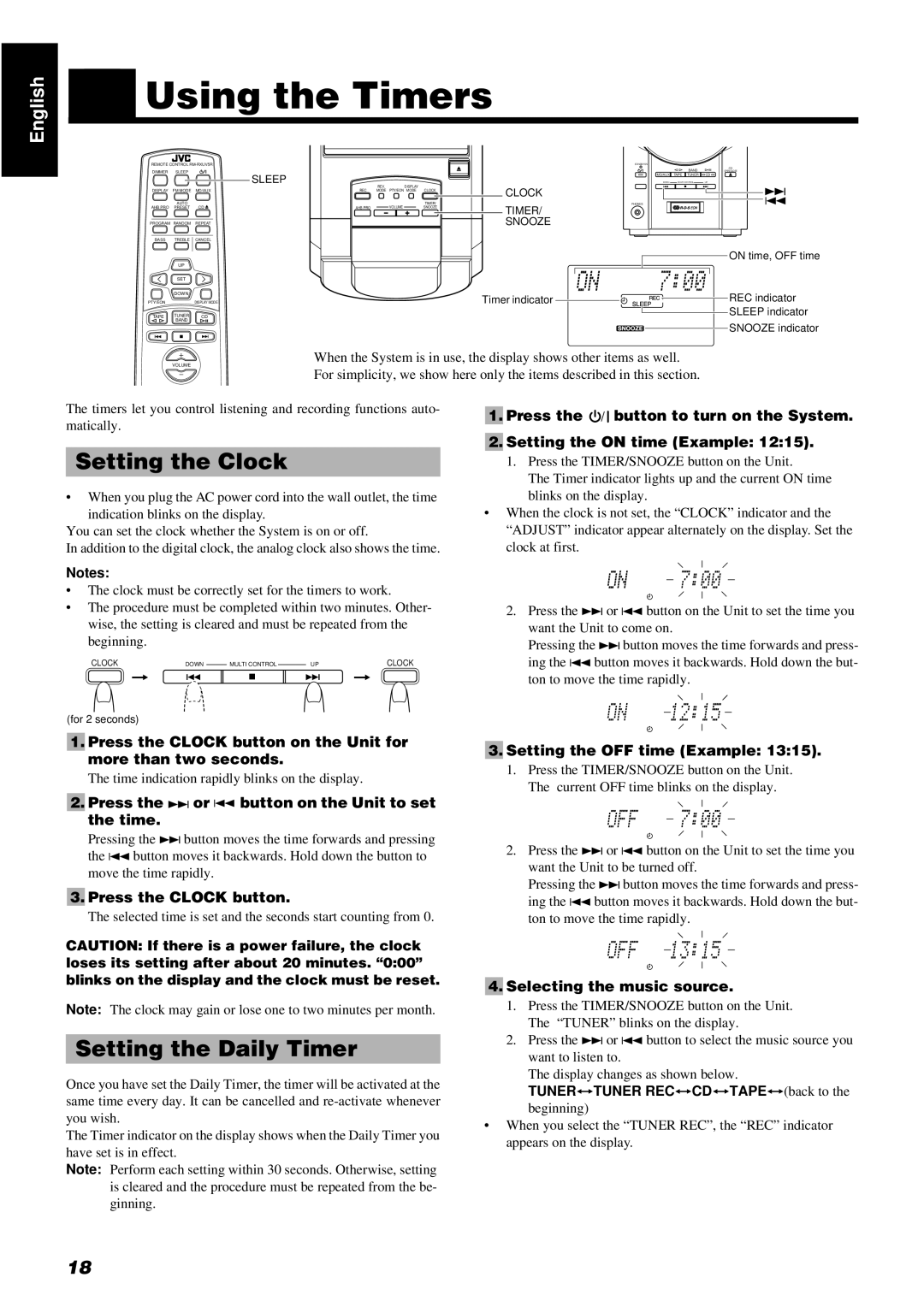 JVC RM-RXUV5R, LVT0211-001A, UX-V5R manual Using the Timers, Setting the Clock, Setting the Daily Timer 