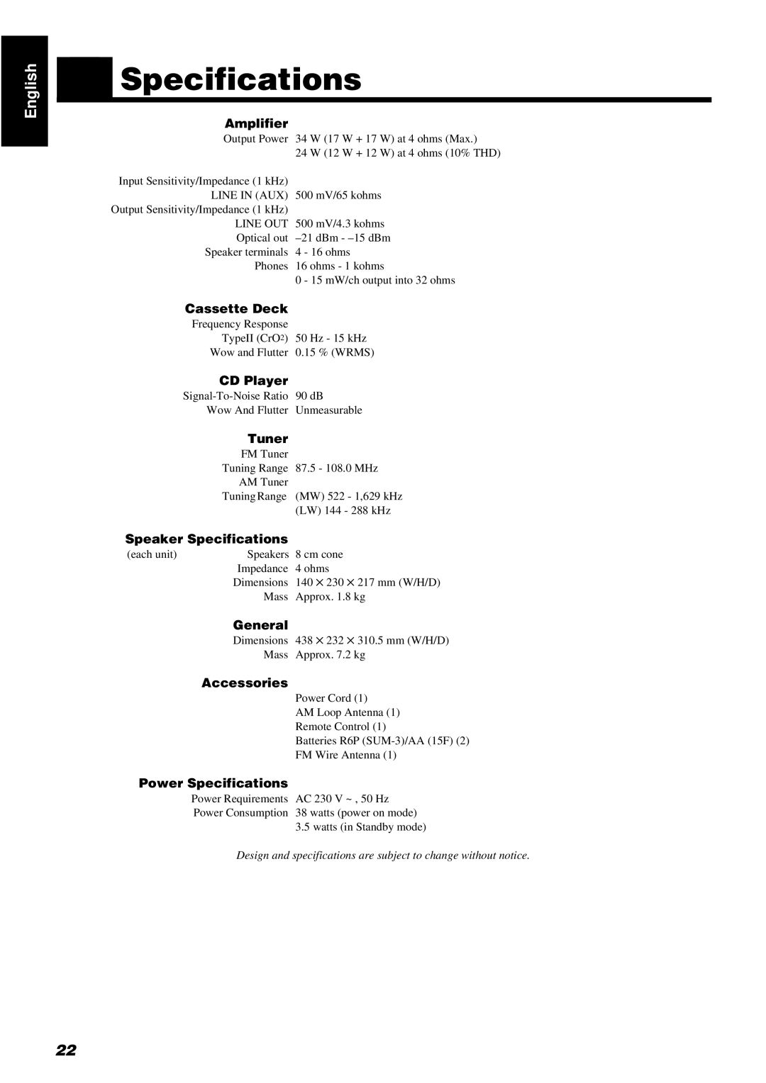 JVC UX-V5R, LVT0211-001A, RM-RXUV5R manual Specifications 