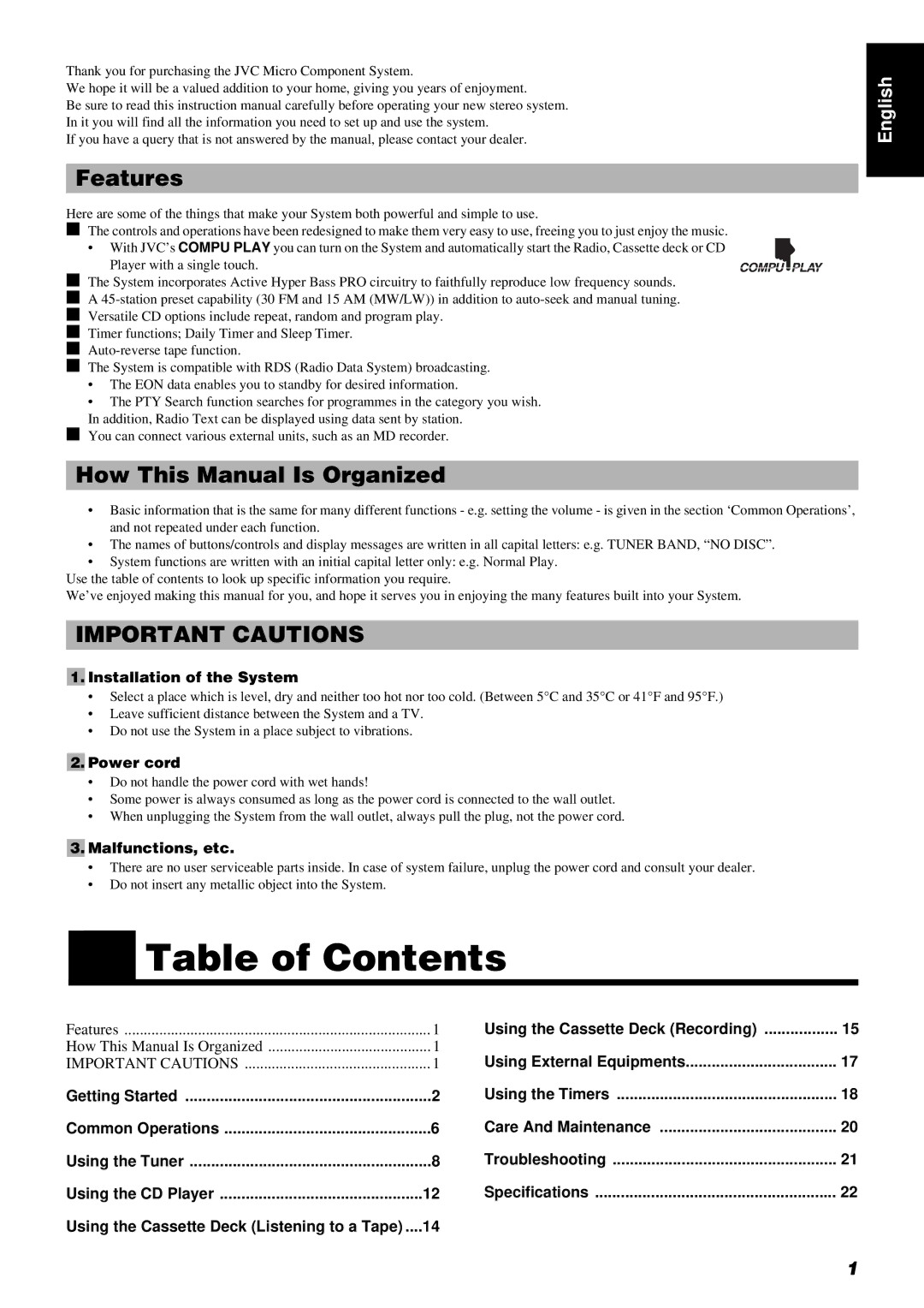 JVC UX-V5R, LVT0211-001A, RM-RXUV5R manual Table of Contents 