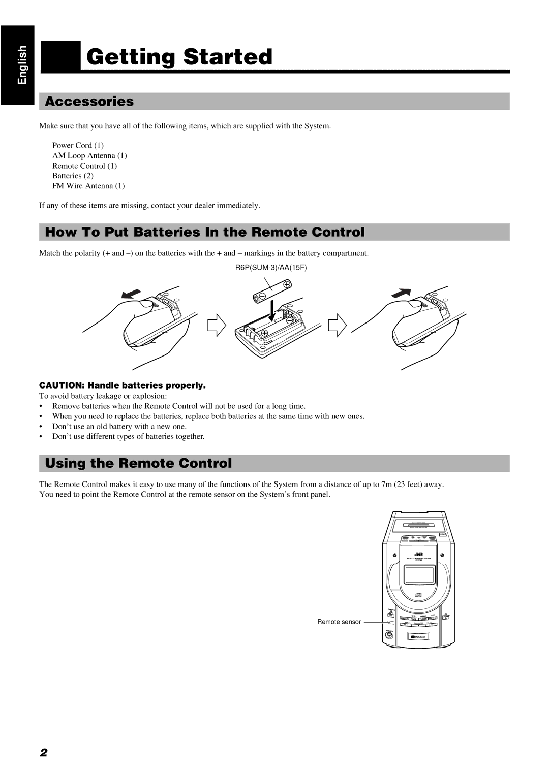 JVC LVT0211-001A manual Getting Started, Accessories, How To Put Batteries In the Remote Control, Using the Remote Control 