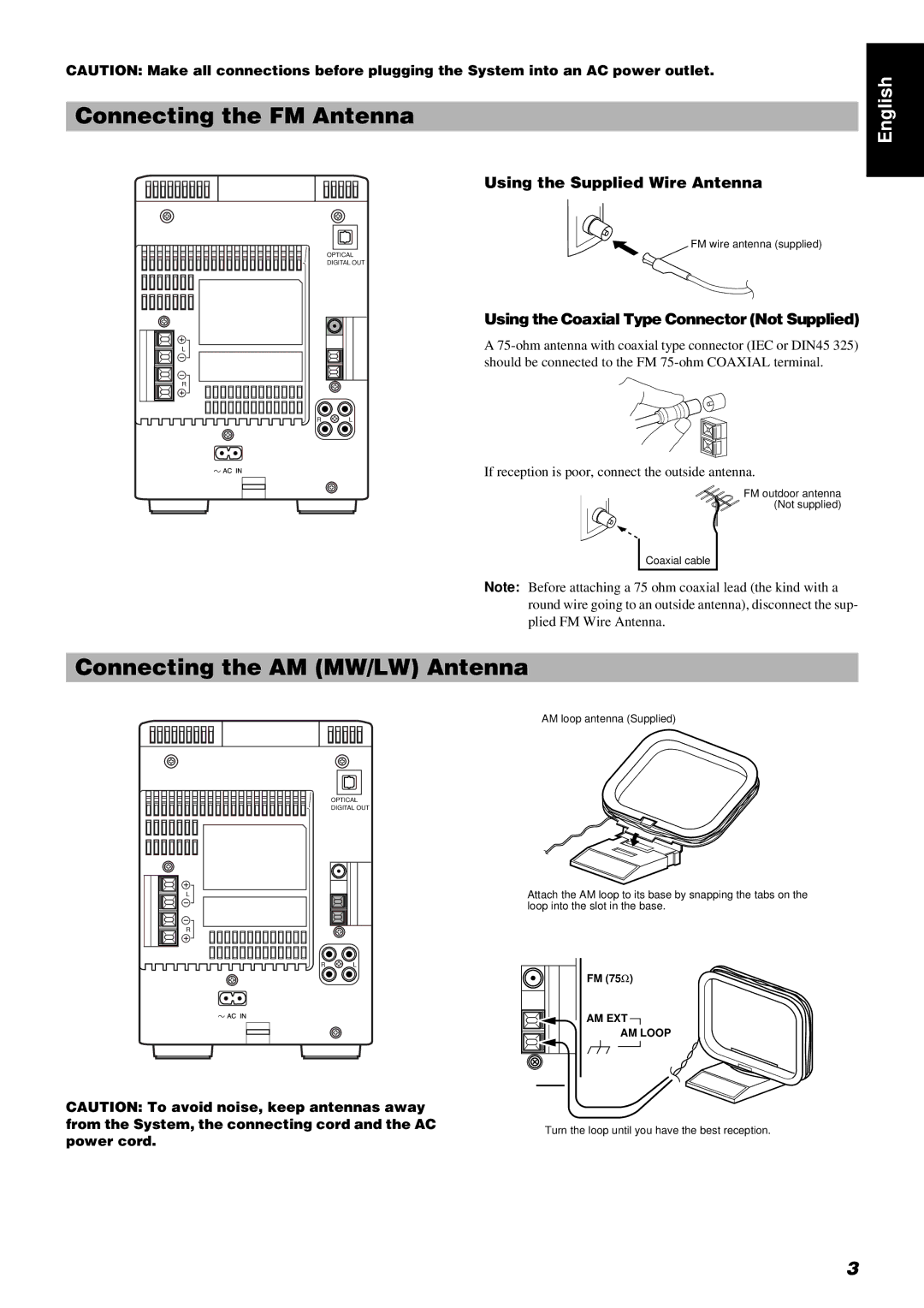 JVC RM-RXUV5R, LVT0211-001A Connecting the FM Antenna, Connecting the AM MW/LW Antenna, Using the Supplied Wire Antenna 