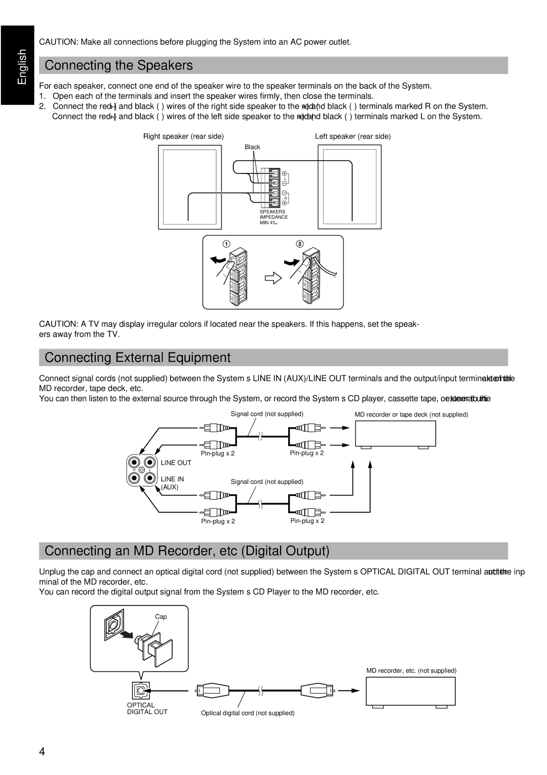 JVC UX-V5R manual Connecting the Speakers, Connecting External Equipment, Connecting an MD Recorder, etc Digital Output 