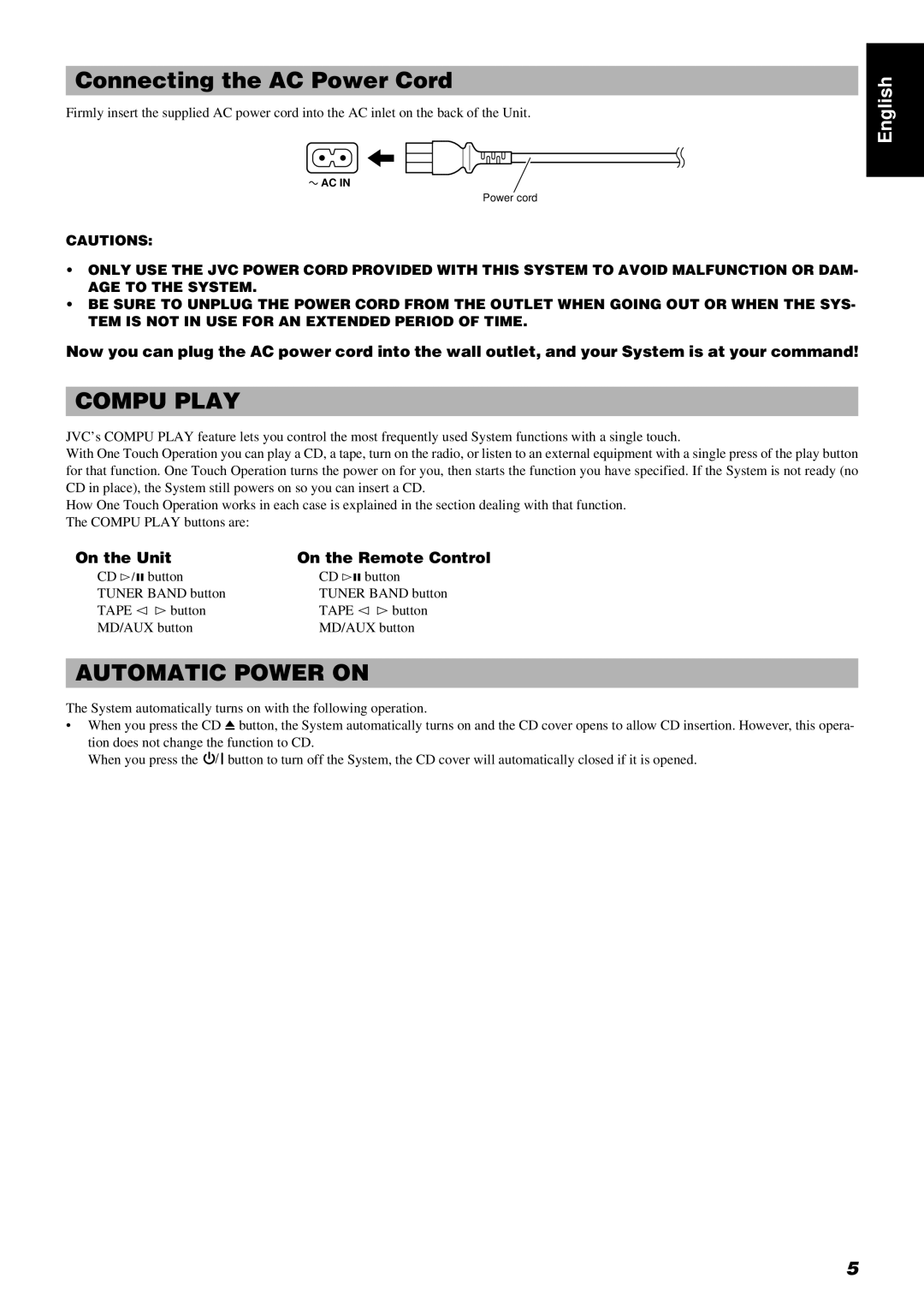 JVC LVT0211-001A, RM-RXUV5R, UX-V5R manual Connecting the AC Power Cord, On the Unit On the Remote Control 