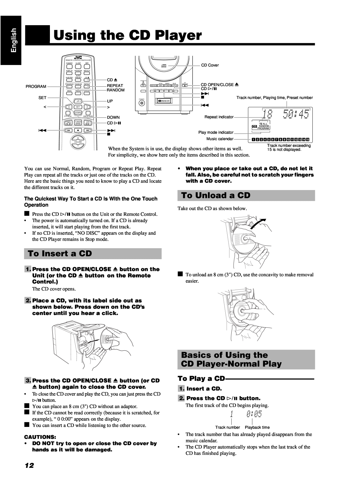 JVC RM-RXUV5R, UX-V5R To Insert a CD, To Unload a CD, Basics of Using the CD Player-NormalPlay, To Play a CD, Control 