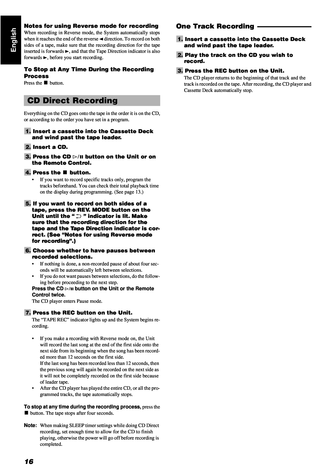 JVC UX-V5R CD Direct Recording, One Track Recording, Notes for using Reverse mode for recording, Insert a CD, English 