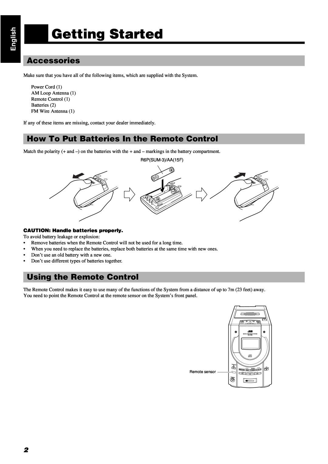 JVC LVT0211-001A manual Getting Started, Accessories, How To Put Batteries In the Remote Control, Using the Remote Control 