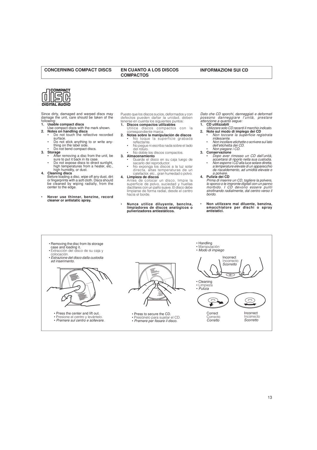 JVC LVT0282-002A system manual Usable compact discs, Storage, Cleaning discs, Discos compactos utilizables, Almacenamiento 