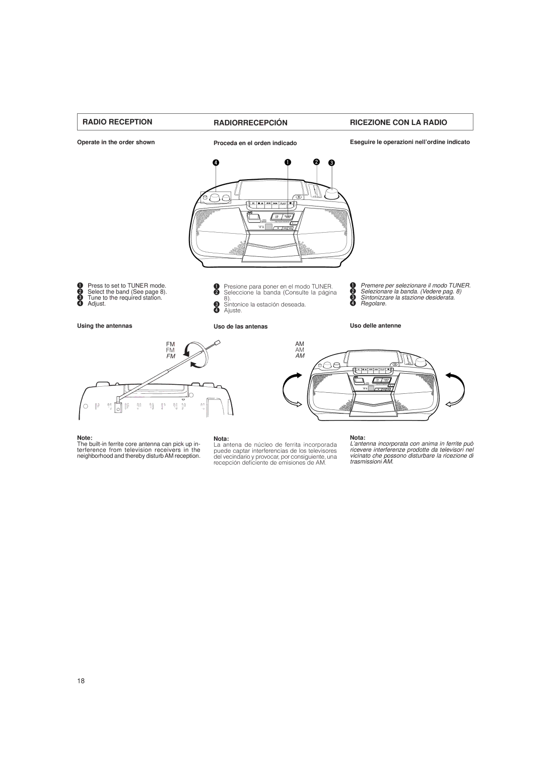 JVC LVT0282-002A Radio Reception Radiorrecepción Ricezione CON LA Radio, Using the antennas, Uso de las antenas, Nota 