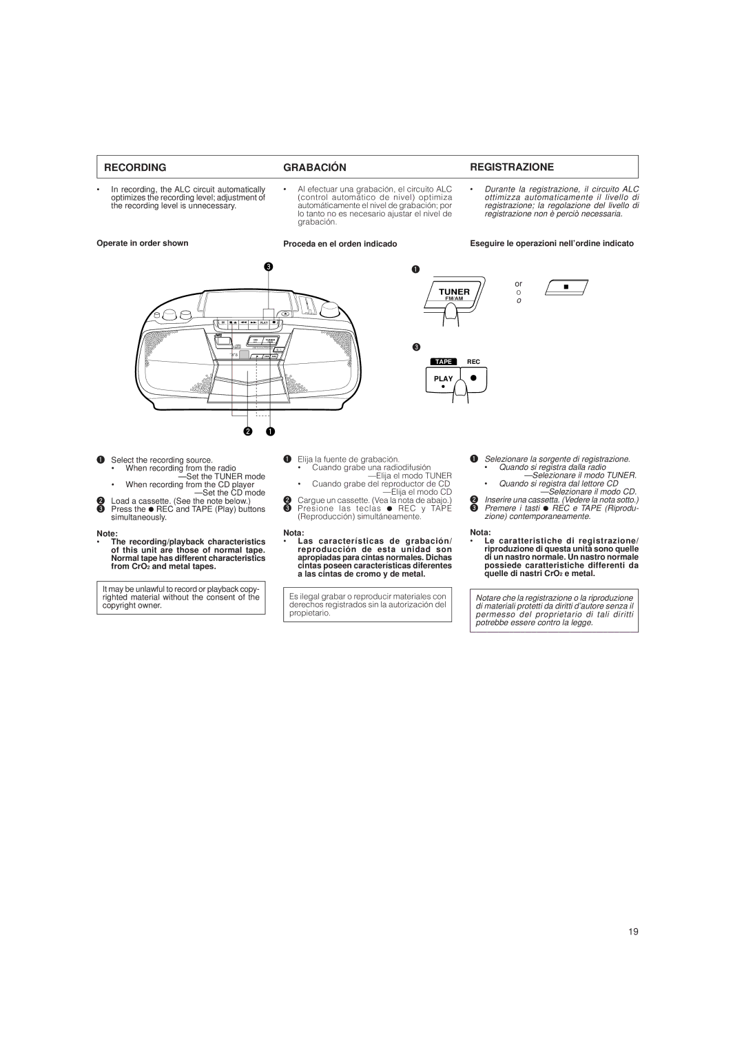 JVC LVT0282-002A system manual Recording Grabación Registrazione, Operate in order shown Proceda en el orden indicado 