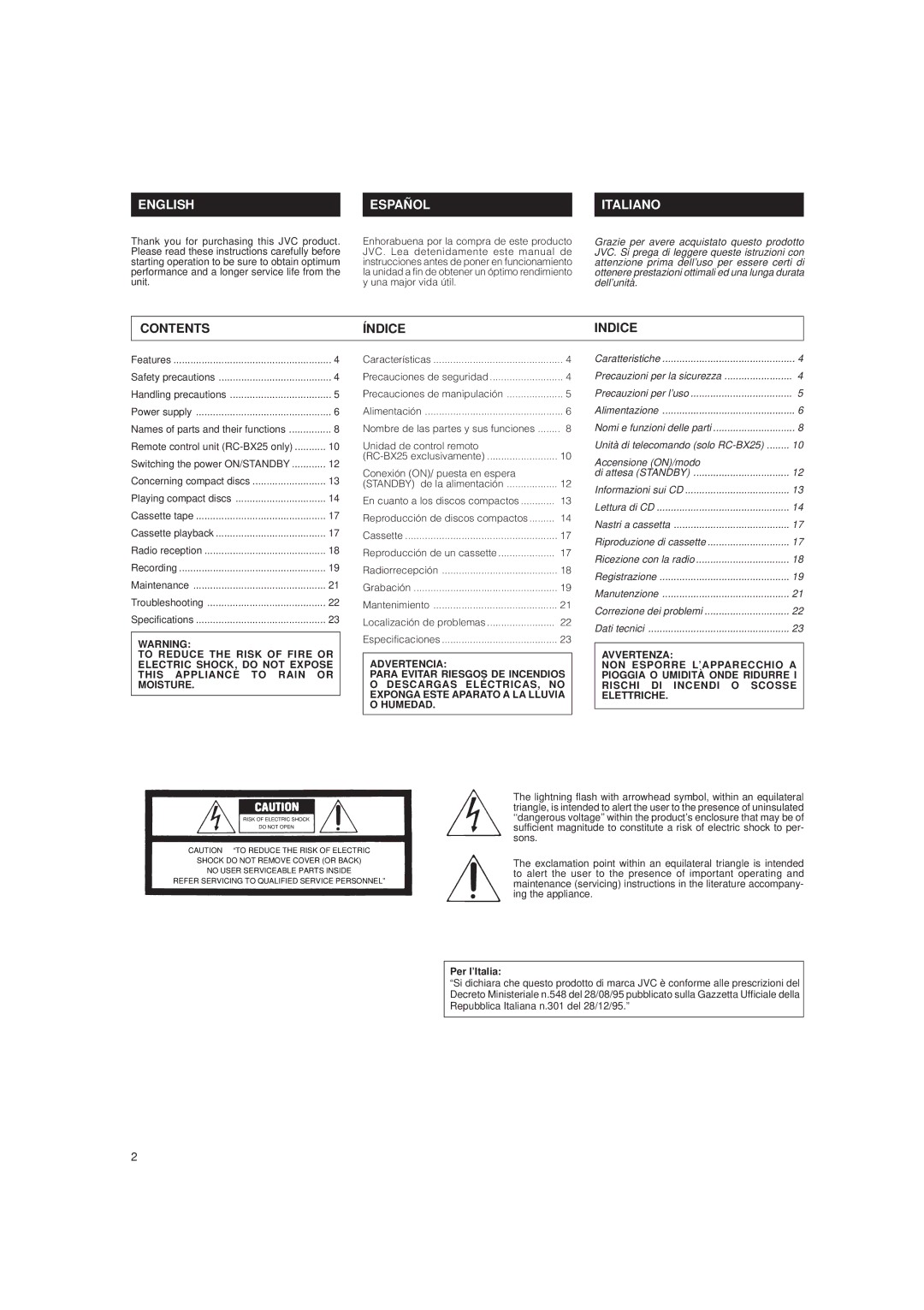 JVC LVT0282-002A system manual English Español Italiano, Contents Índice Indice 